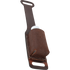 Chocolate roughout rope powder holder lying at an angle with a powder bottle inside. White stitching holds the roughout pocket to the strap above the lower slot.