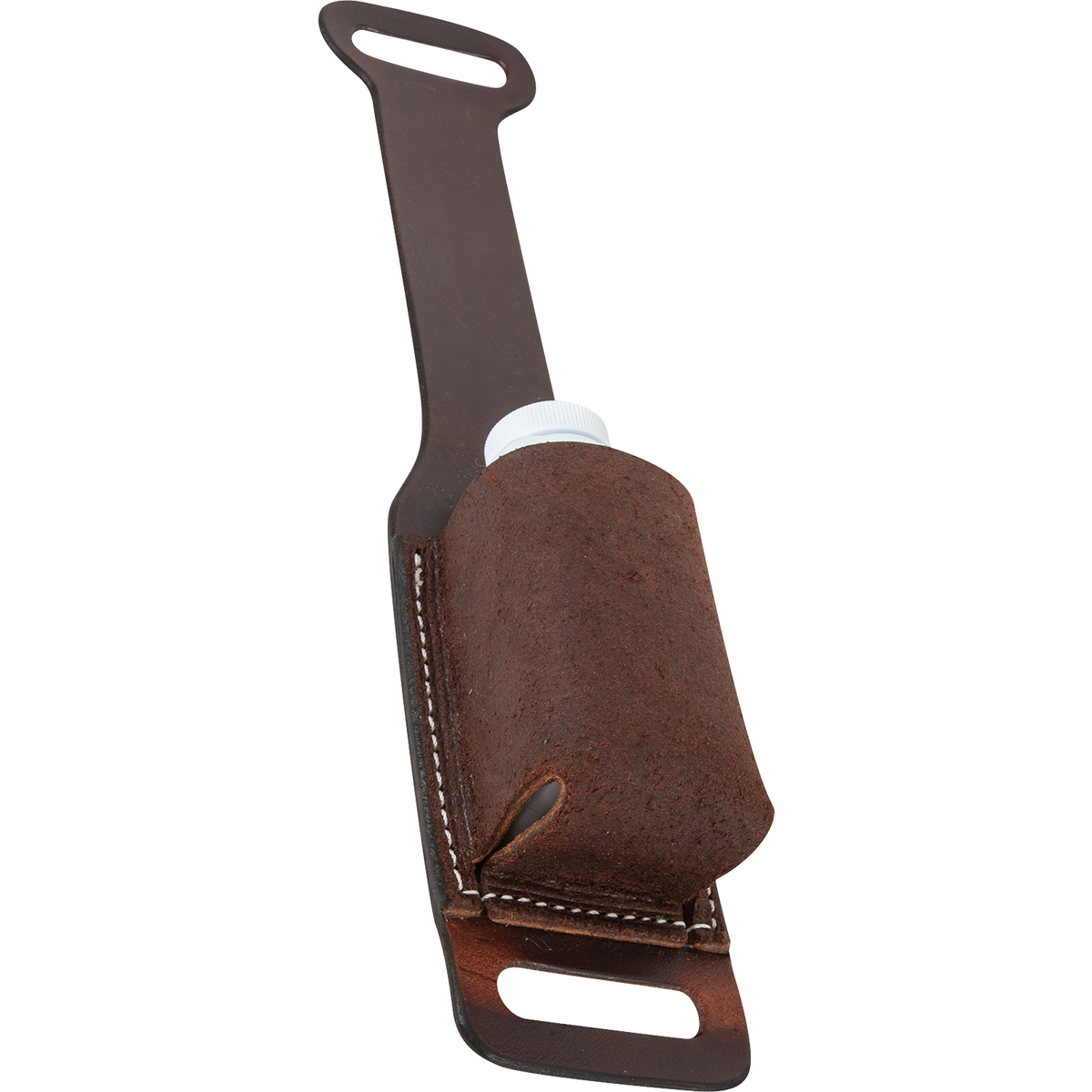 Chocolate roughout rope powder holder lying at an angle with a powder bottle inside. White stitching holds the roughout pocket to the strap above the lower slot.