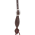 Chocolate roughout headstall cheek seen up close, with a cart buckle above a leather rosette and latigo bit tie. White stitching follows the shaped end of the cheek.