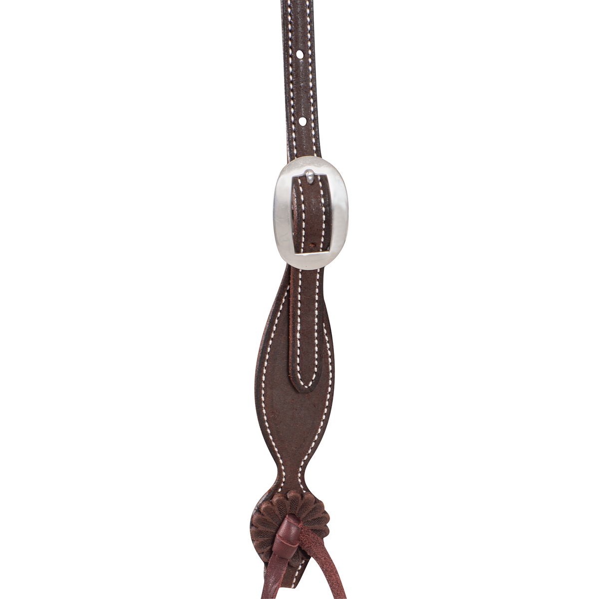 Chocolate roughout headstall cheek seen up close, with a cart buckle above a leather rosette and latigo bit tie. White stitching follows the shaped end of the cheek.