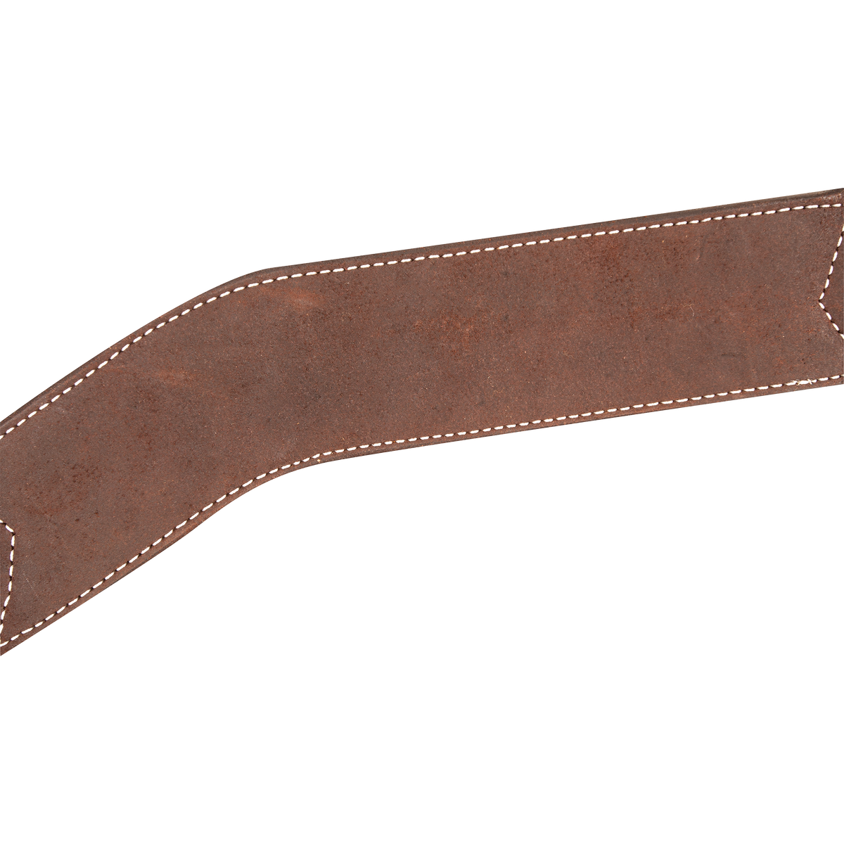 Chocolate roughout leather breastcollar strap angled across the frame. White stitching outlines the wide roughout strap, which shows natural variation in the leather's tone.