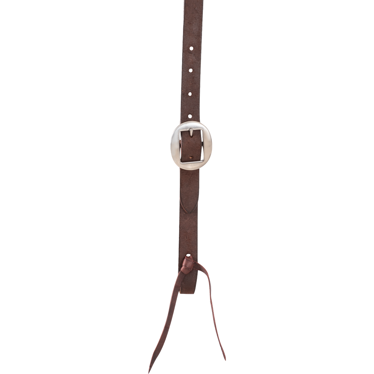 Cart buckle on a chocolate roughout headstall cheek, seen up close. Adjustment holes run above the buckle, and a bit tie knots through the strap end.
