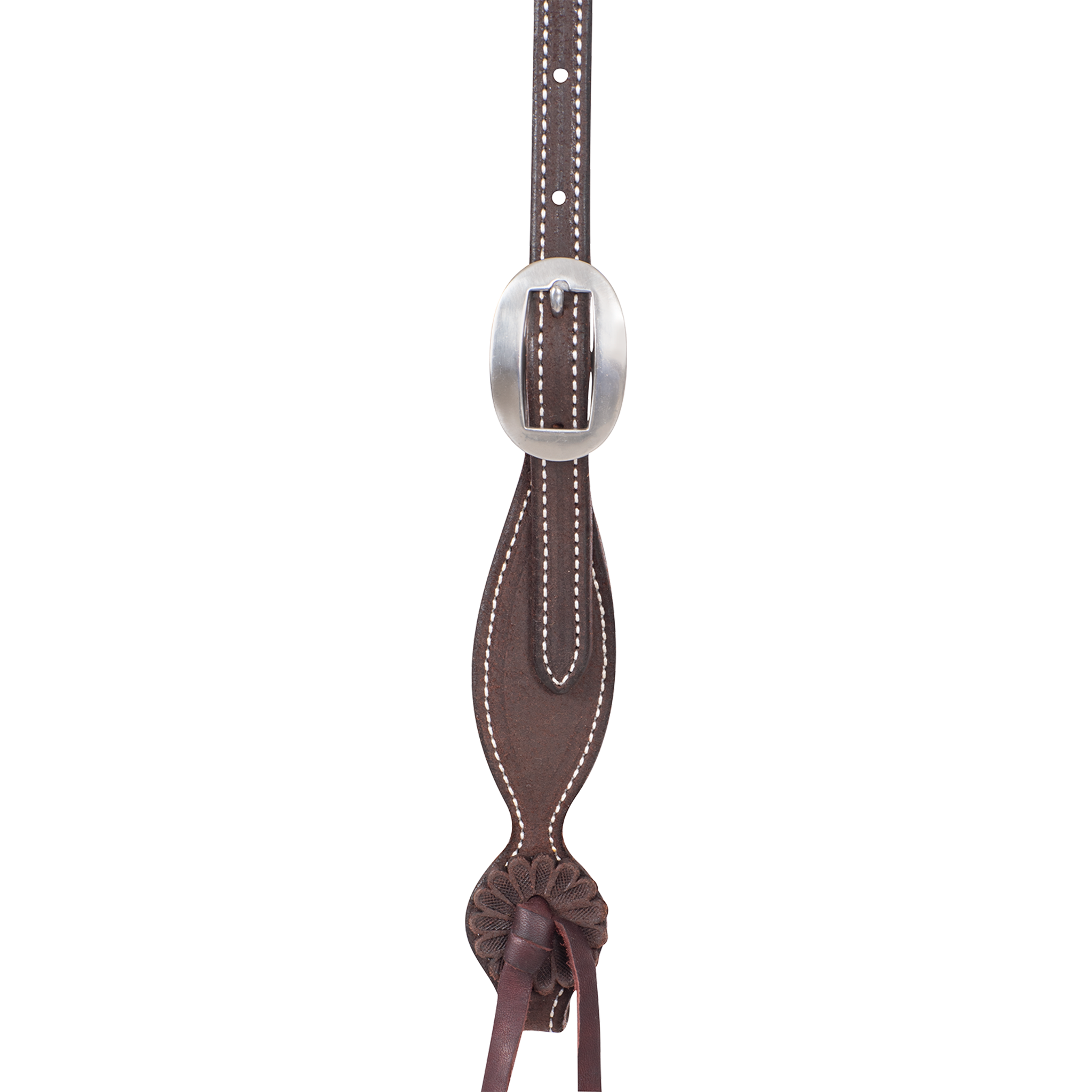 Chocolate roughout headstall cheek seen up close, with a cart buckle above a shaped, stitched end. A leather rosette and latigo string finish the cheek where the bit ties on.