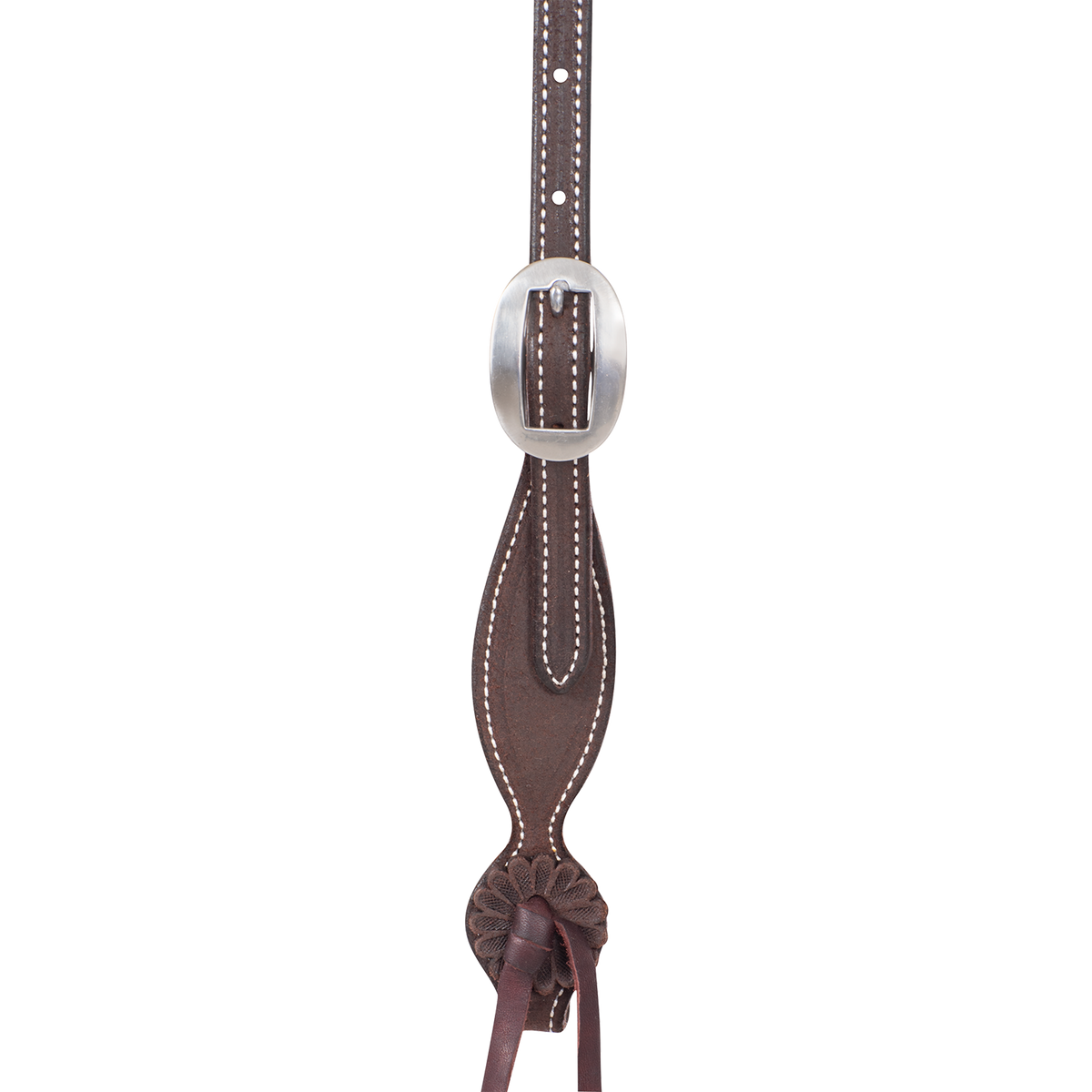 Chocolate roughout headstall cheek seen up close, with a cart buckle above a shaped, stitched end. A leather rosette and latigo string finish the cheek where the bit ties on.