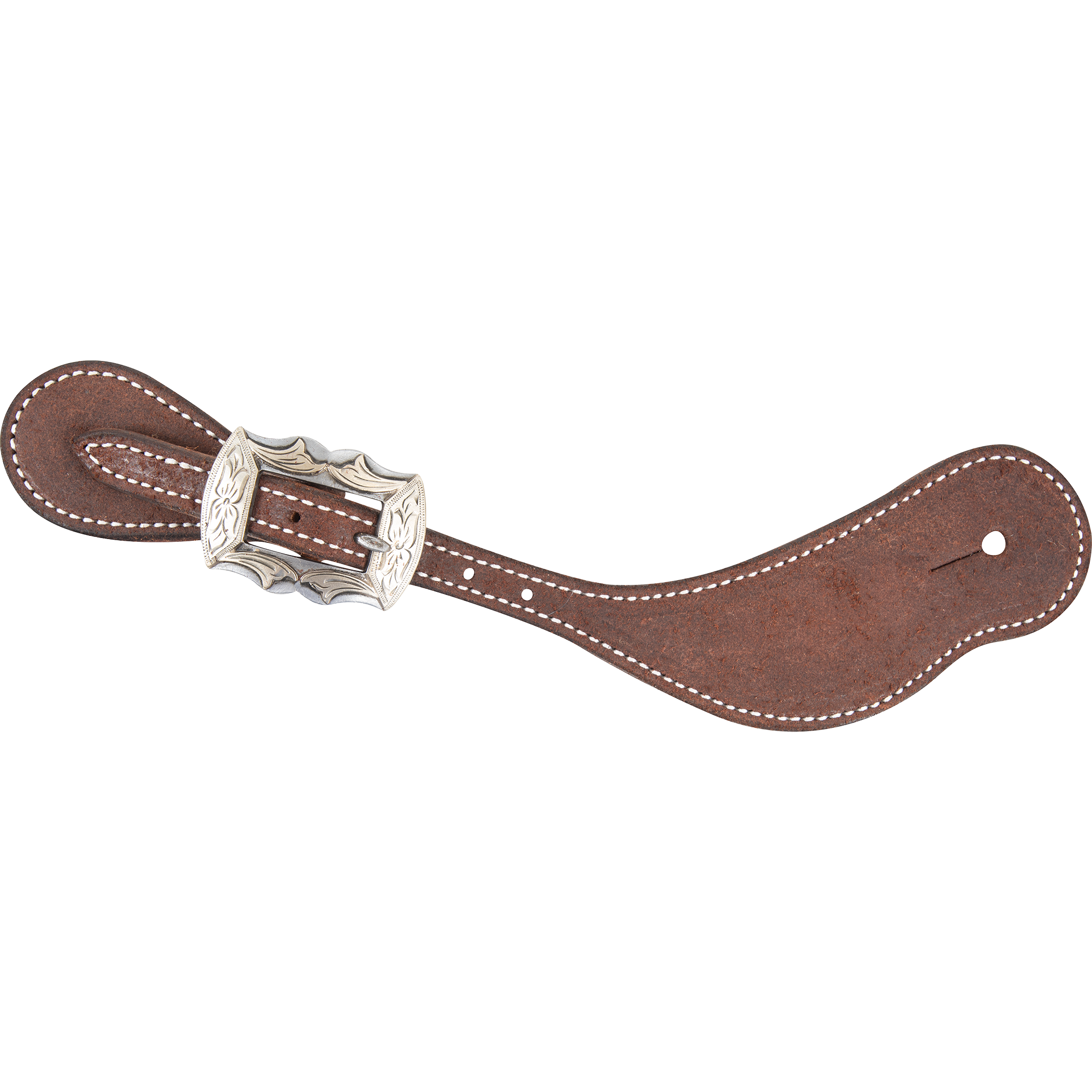 Chocolate roughout cowboy spur strap with a Prescott buckle, seen from above. White stitching outlines the strap, and the scalloped engraved buckle sits near the narrow end.