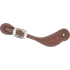 Chocolate roughout cowboy spur strap with a Prescott buckle, seen from above. White stitching outlines the strap, and the scalloped engraved buckle sits near the narrow end.