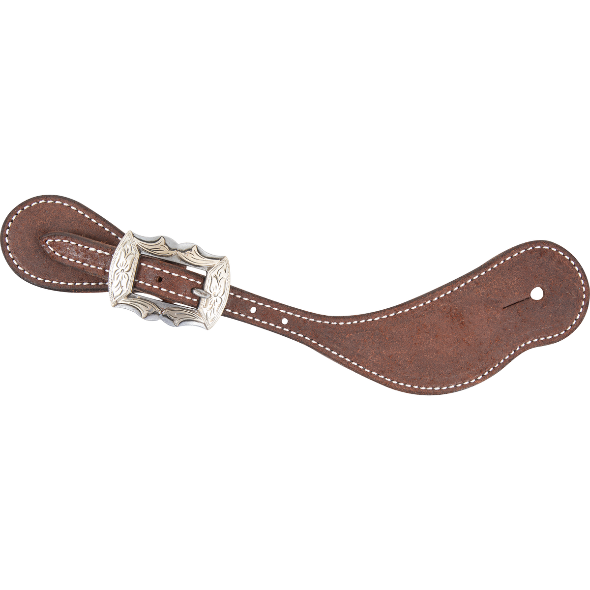 Chocolate roughout cowboy spur strap with a Prescott buckle, seen from above. White stitching outlines the strap, and the scalloped engraved buckle sits near the narrow end.