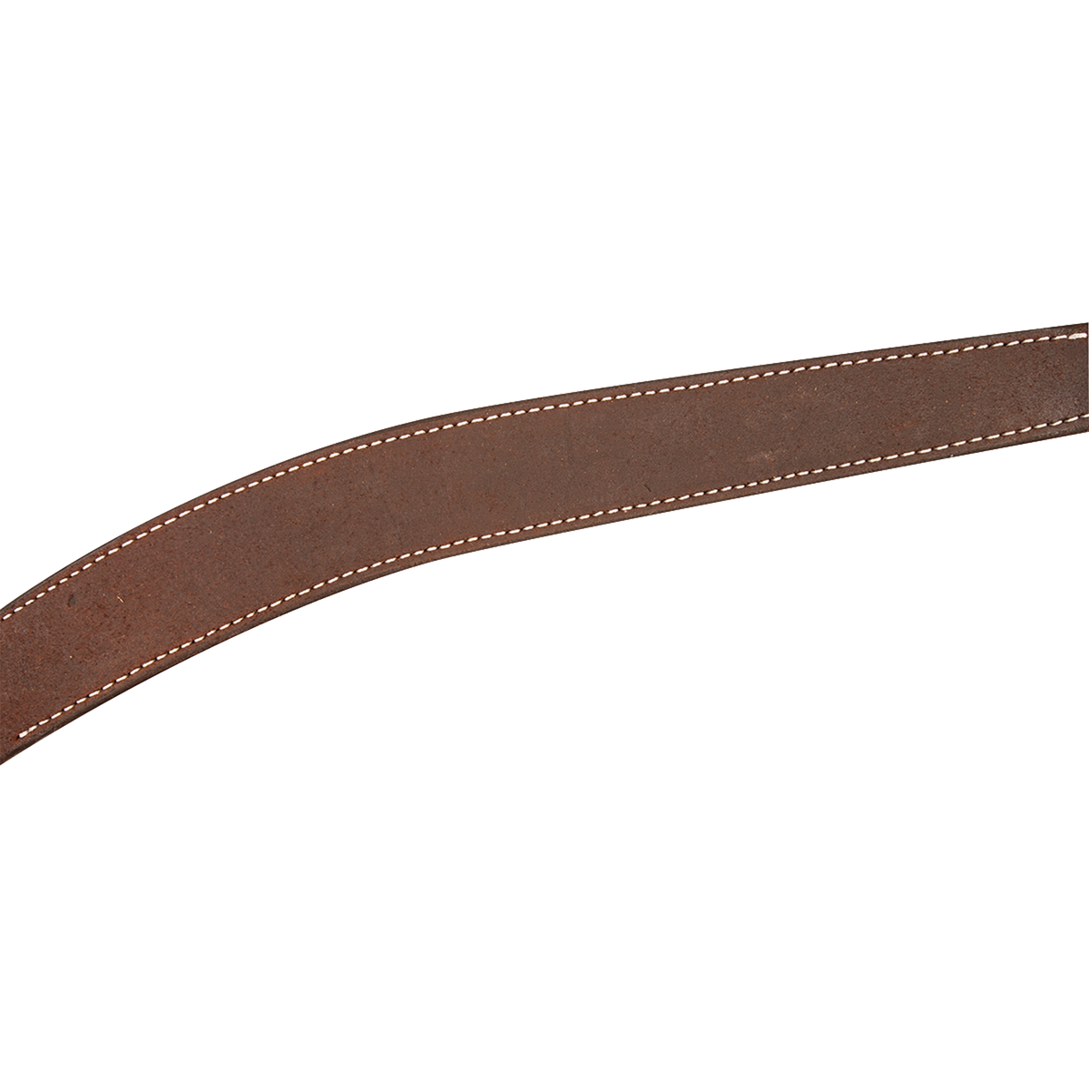 Chocolate roughout leather breastcollar strap curving across the frame. The textured roughout surface is bordered by white stitching along both edges of this western horse breastcollar.