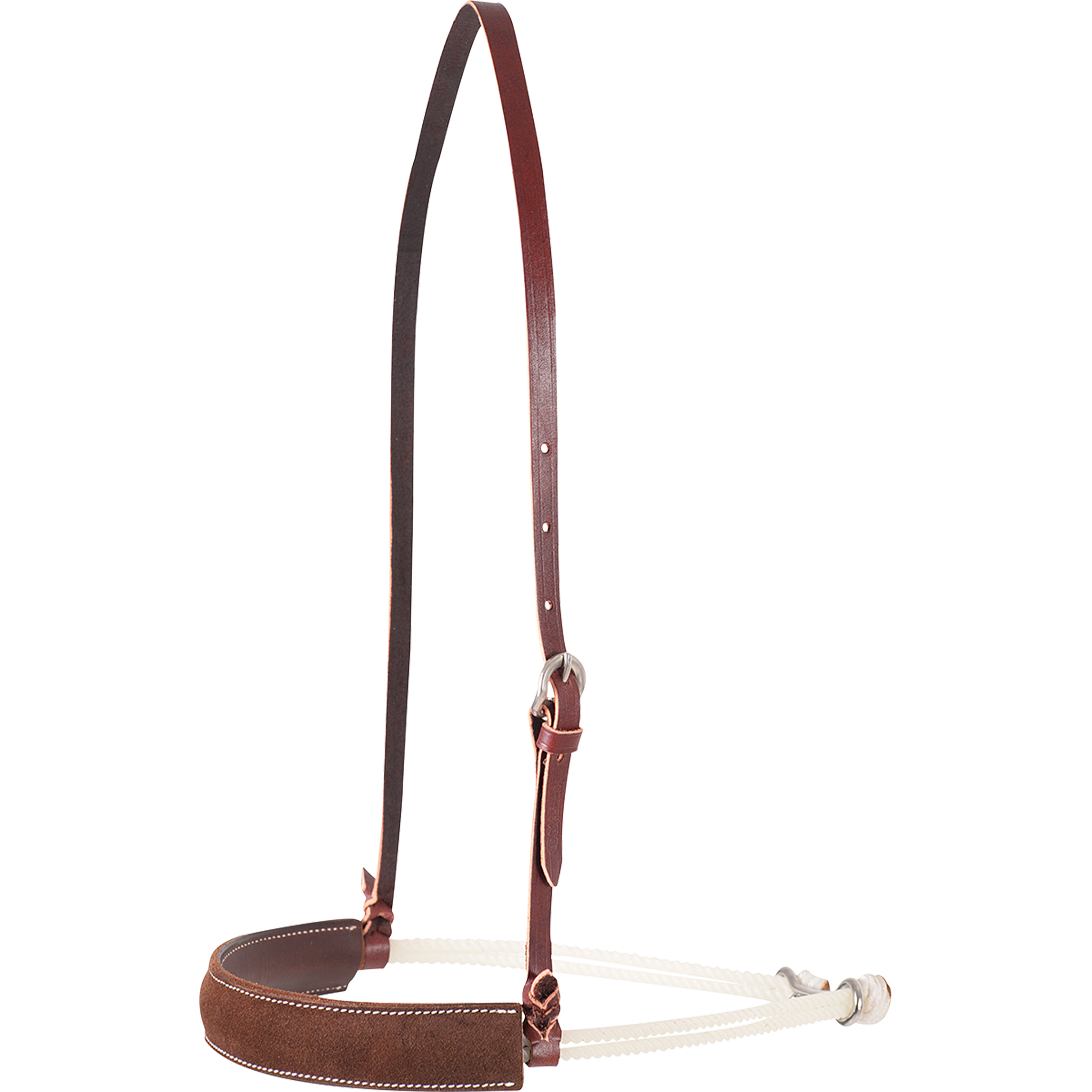 Double rope noseband with a chocolate roughout leather cover, seen from the front quarter. White stitching edges the roughout cover, which hangs from an adjustable leather strap with a buckle.