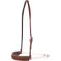 Double rope noseband with a chocolate roughout leather cover, seen from the front quarter. White stitching edges the roughout cover, which hangs from an adjustable leather strap with a buckle.