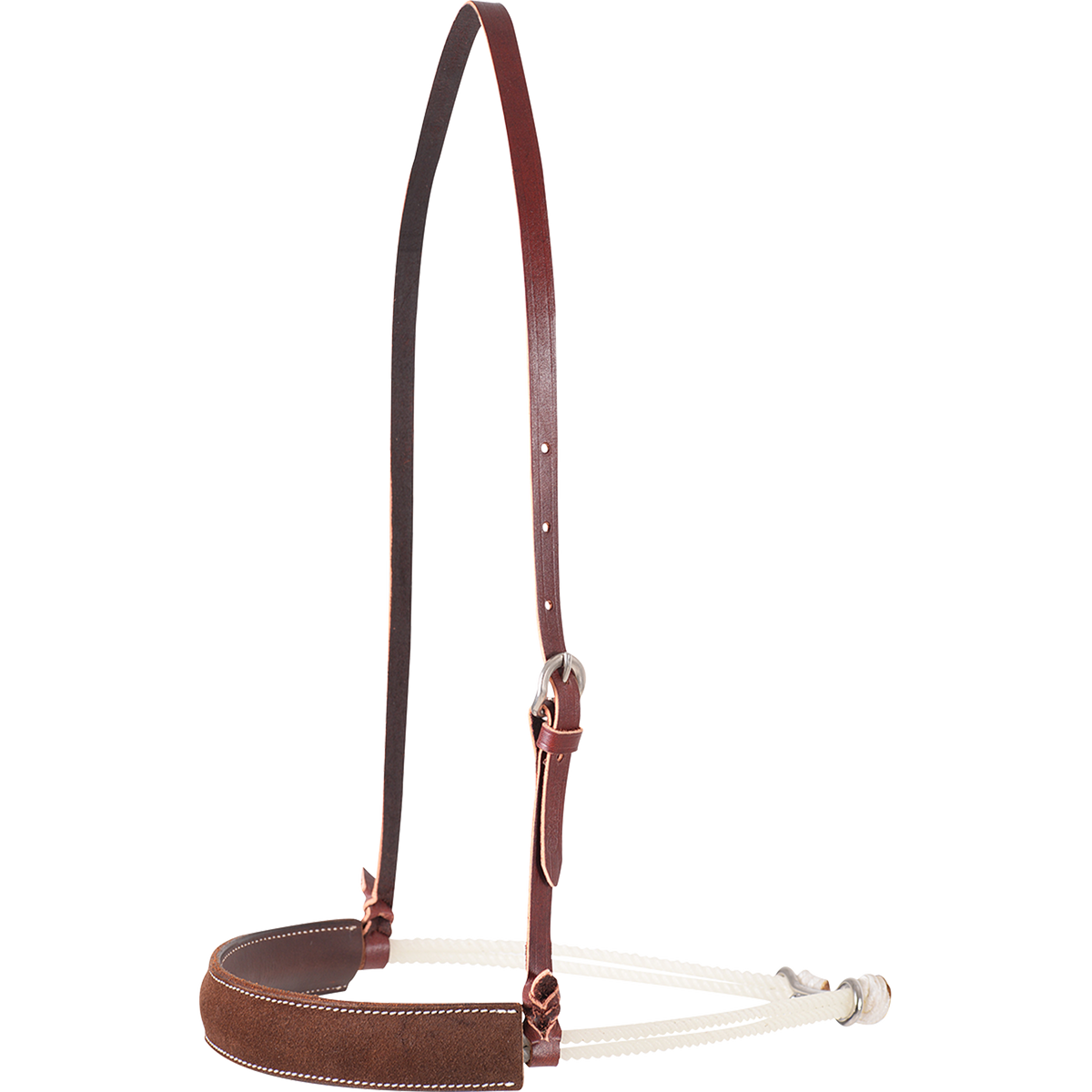 Double rope noseband with a chocolate roughout leather cover, seen from the front quarter. White stitching edges the roughout cover, which hangs from an adjustable leather strap with a buckle.