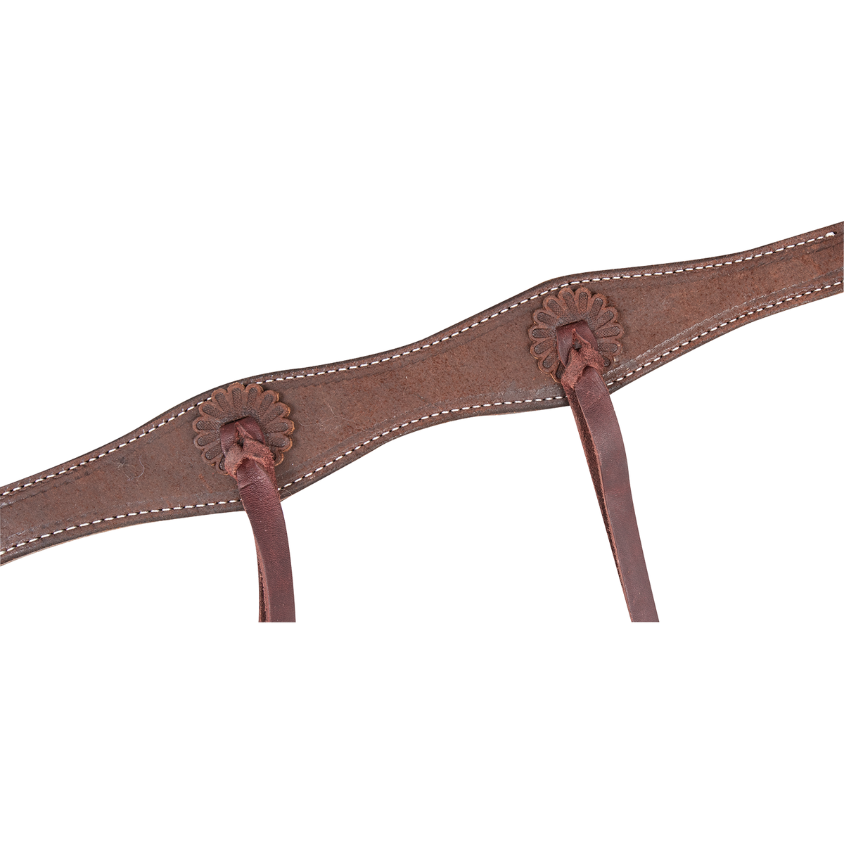 Chocolate roughout leather breast collar strap with leather rosettes, each tied with a latigo string through a braided knot. White stitching follows the scalloped edges of the strap.