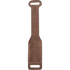 Back of a chocolate roughout rope powder holder, seen flat. Roughout leather covers the back of the strap, with stitching outlining the pocket and a slot at each end.