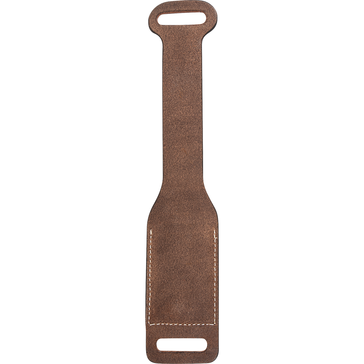 Back of a chocolate roughout rope powder holder, seen flat. Roughout leather covers the back of the strap, with stitching outlining the pocket and a slot at each end.