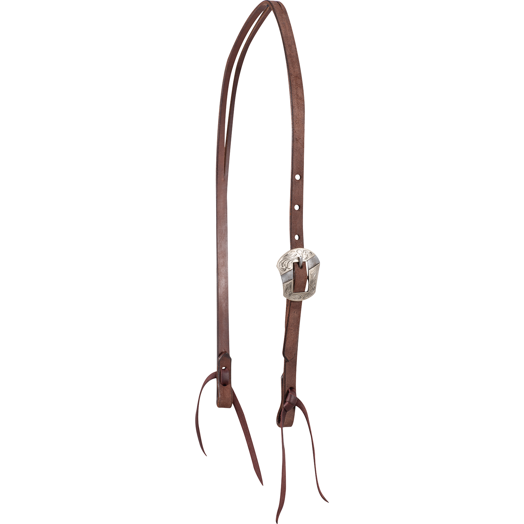 Chocolate roughout split ear headstall with a Salinas buckle, seen from the front quarter. The 5/8-inch strap splits at the crown for the ear and ends in latigo bit ties.