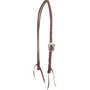 Chocolate roughout split ear headstall with a Salinas buckle, seen from the front quarter. The 5/8-inch strap splits at the crown for the ear and ends in latigo bit ties.