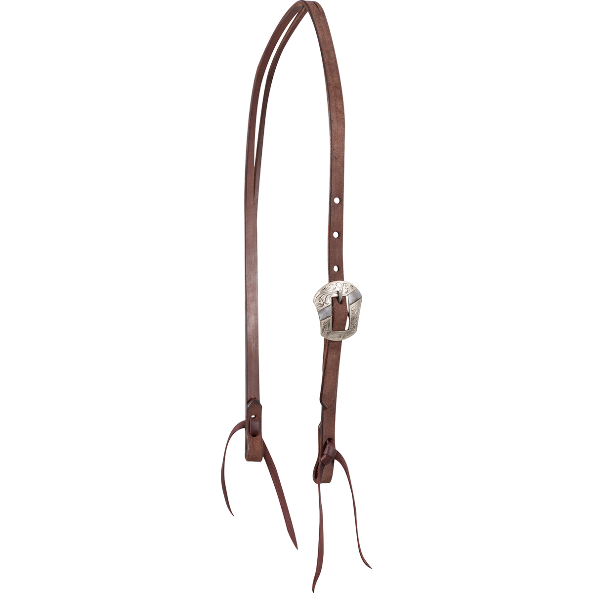 Chocolate roughout split ear headstall with a Salinas buckle, seen from the front quarter. The 5/8-inch strap splits at the crown for the ear and ends in latigo bit ties.