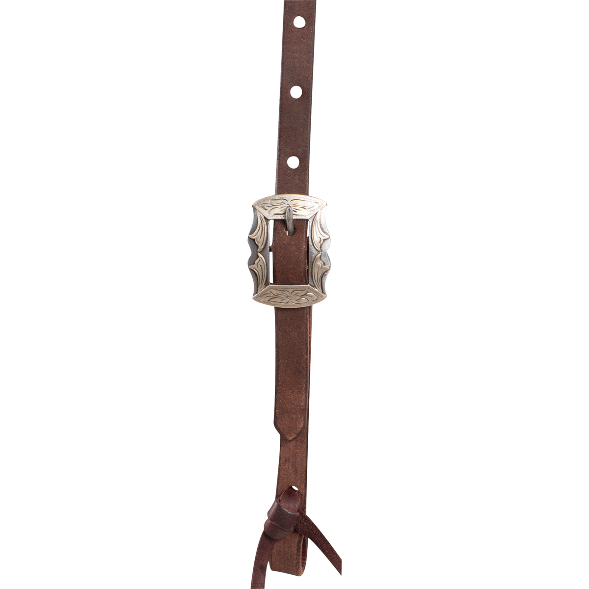 Prescott buckle on a chocolate roughout headstall cheek, seen up close. Engraving covers the scalloped buckle frame, and a latigo bit tie knots through the strap end below.