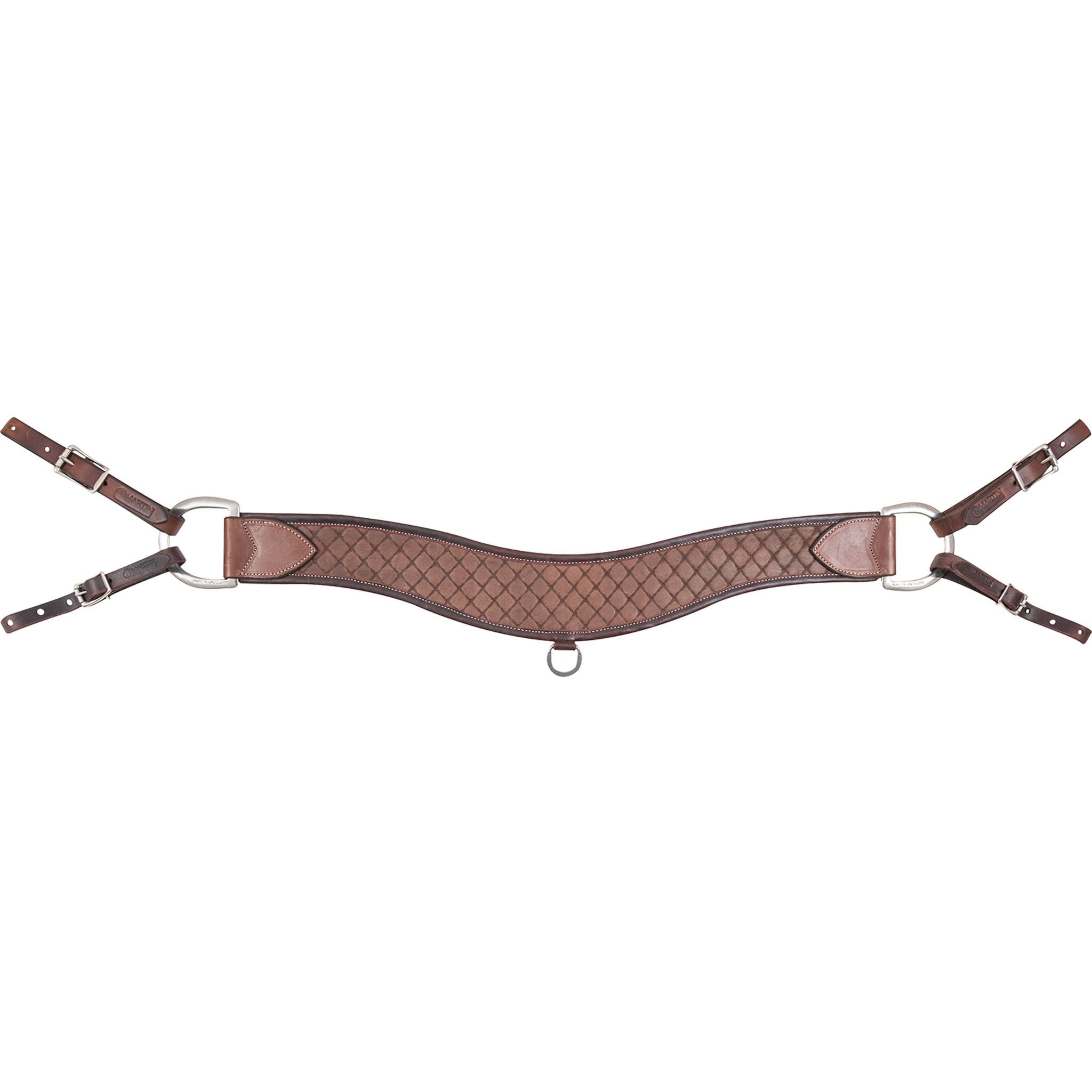 Chocolate steer roper breastcollar with quilted tooling, seen from the front. The 4-inch contoured strap has smooth leather tabs at each end, a small ring at the center, and rings with buckled tug straps at both sides.