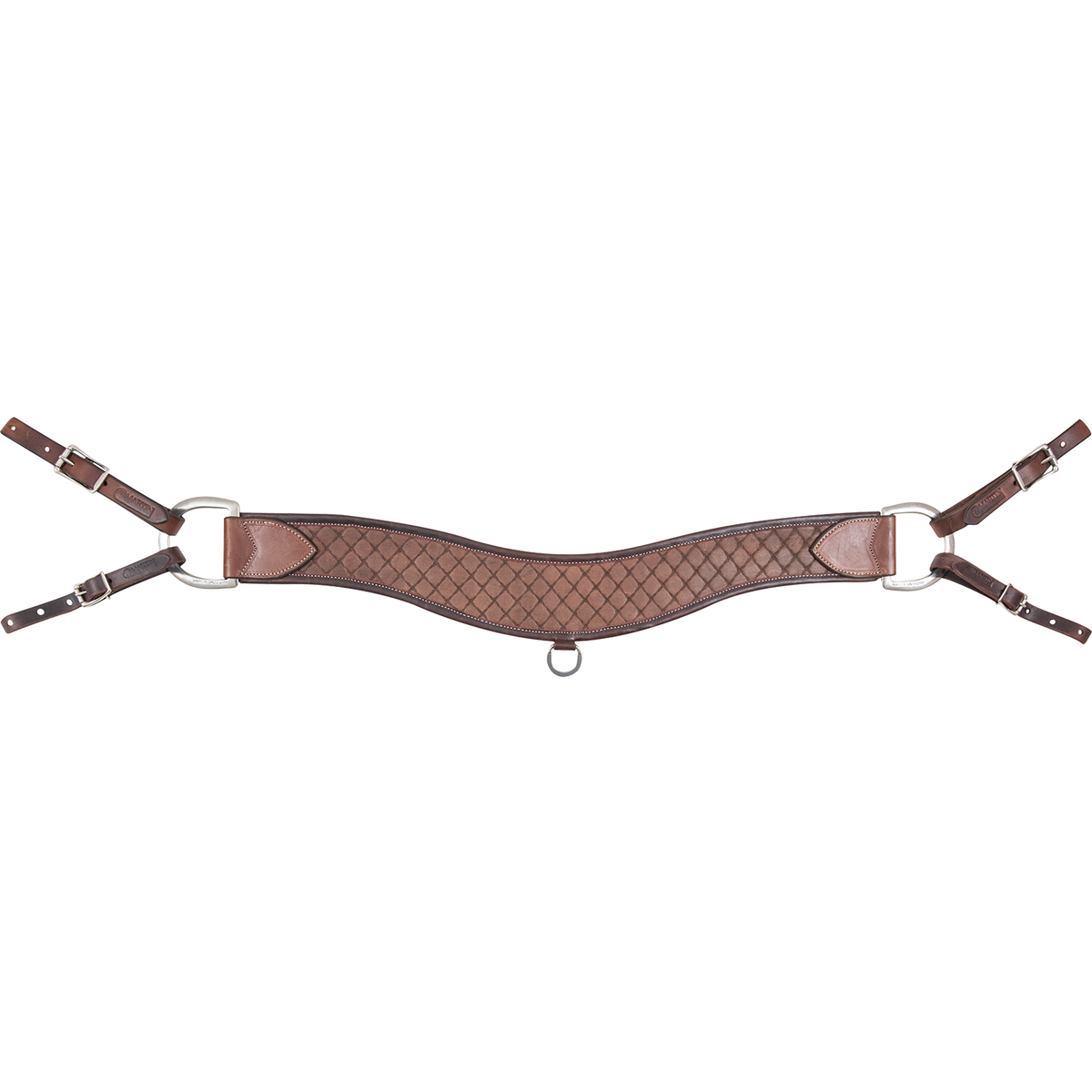 Chocolate steer roper breastcollar with quilted tooling, seen from the front. The 4-inch contoured strap has smooth leather tabs at each end, a small ring at the center, and rings with buckled tug straps at both sides.