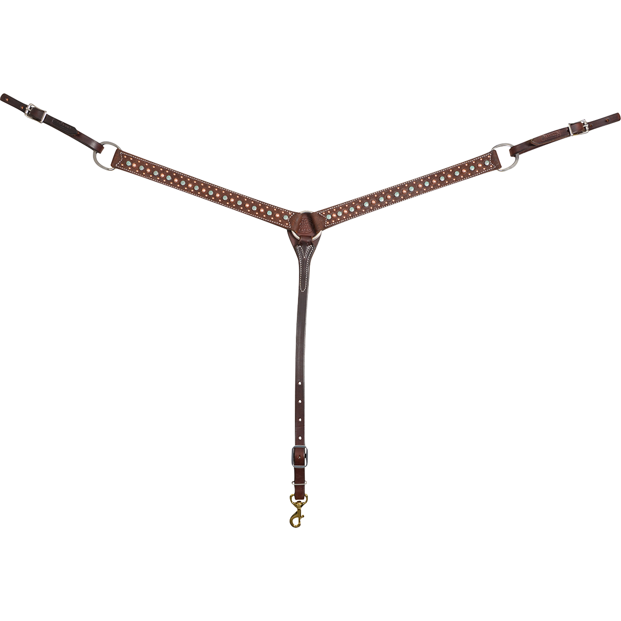 Chocolate roughout breastcollar with floral spot dots, seen from the front in full. The 1.5-inch shoulder straps carry a line of embossed floral spots and dots and meet at a center ring above a tie-down strap with a snap.