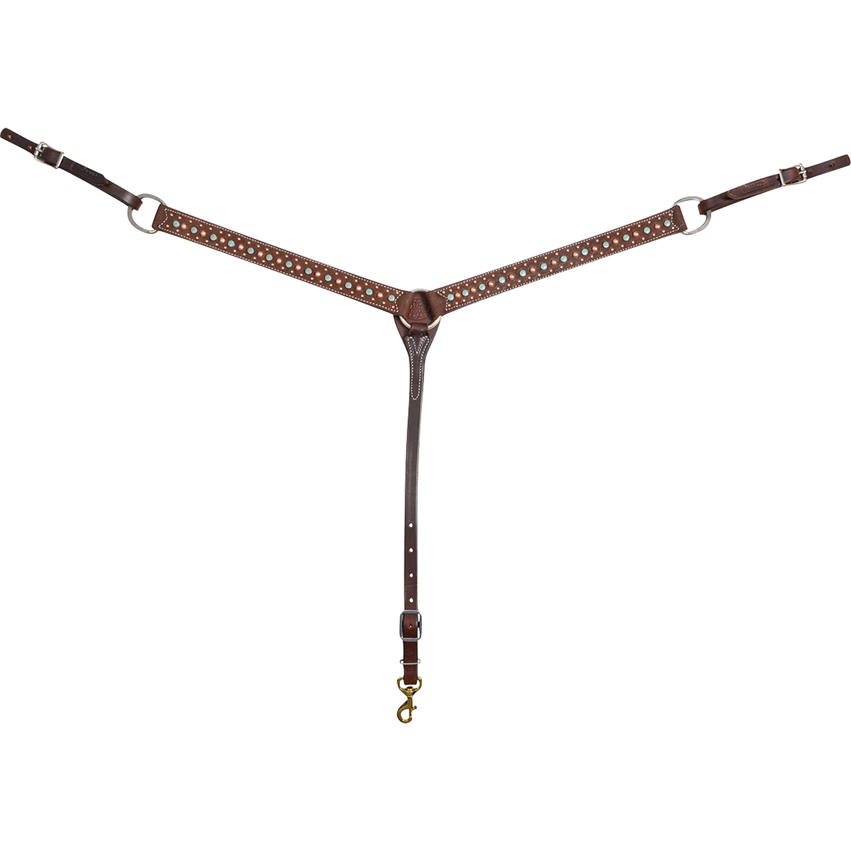 Chocolate roughout breastcollar with floral spot dots, seen from the front in full. The 1.5-inch shoulder straps carry a line of embossed floral spots and dots and meet at a center ring above a tie-down strap with a snap.