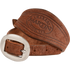 Chocolate roughout stirrup hobble strap rolled up, seen up close. The Martin maker stamp shows on the wide part of the strap behind the cart buckle.