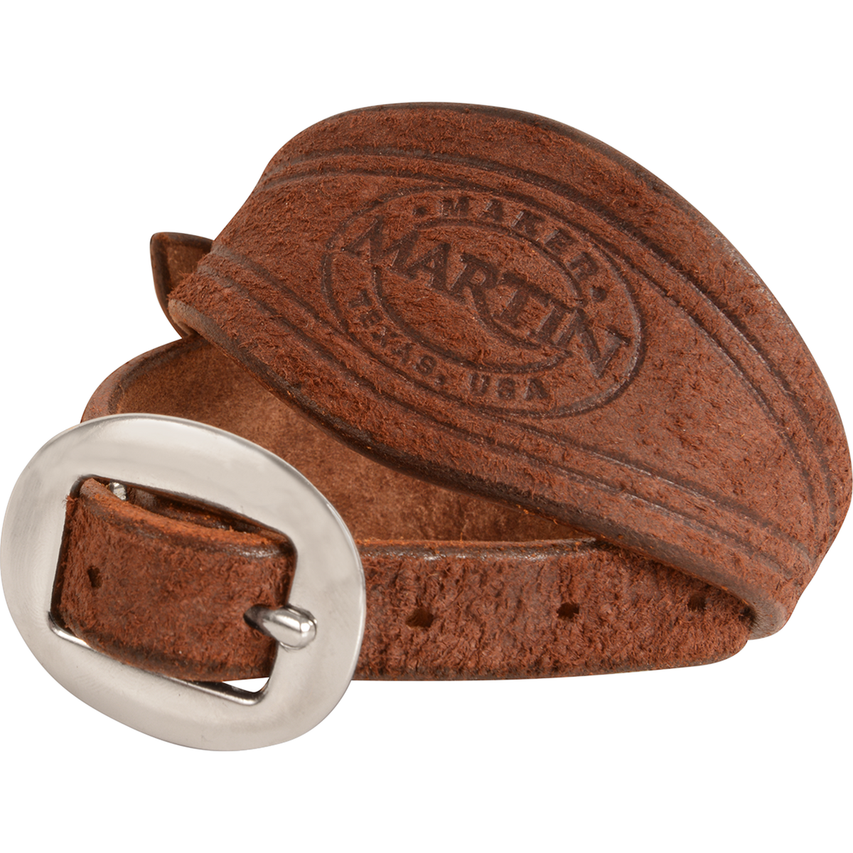 Chocolate roughout stirrup hobble strap rolled up, seen up close. The Martin maker stamp shows on the wide part of the strap behind the cart buckle.