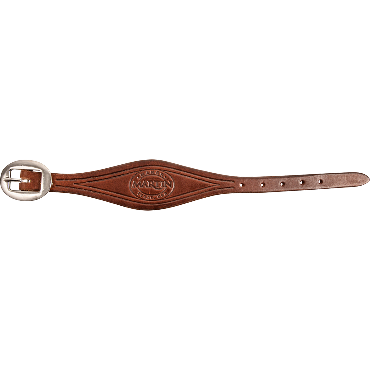 Chocolate smooth leather stirrup hobble strap, laid flat and seen from above. Border lines frame the Martin maker stamp on the shaped strap, which fastens with a cart buckle.