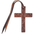 Chocolate tooled leather cross saddle charm, seen from the front. Scroll tooling covers the cross, and a leather tie string loops through the top for attaching to a saddle.