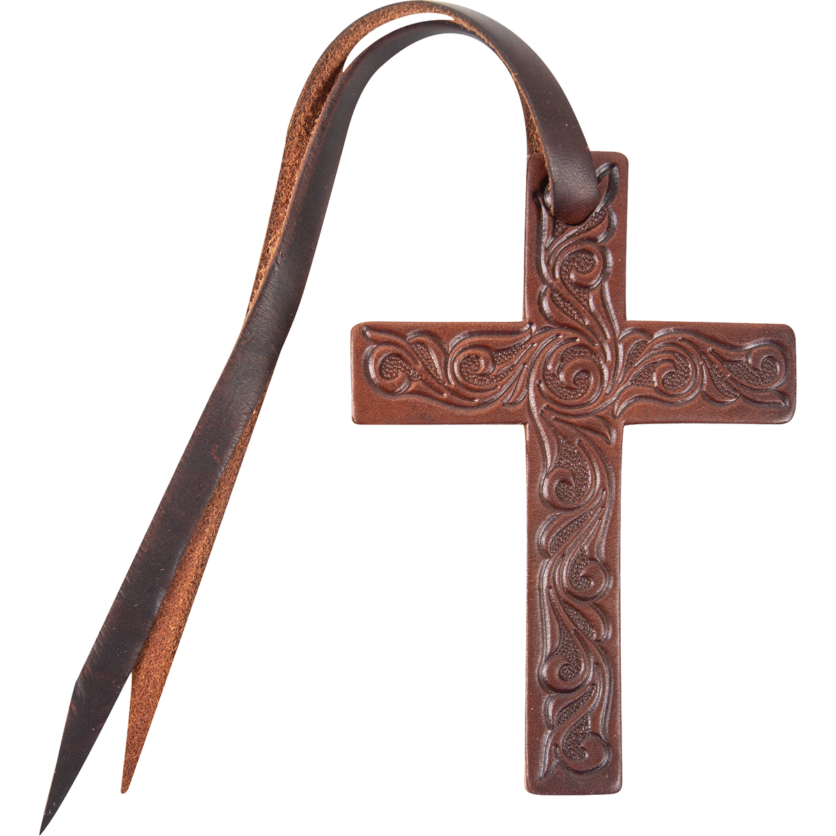 Chocolate tooled leather cross saddle charm, seen from the front. Scroll tooling covers the cross, and a leather tie string loops through the top for attaching to a saddle.