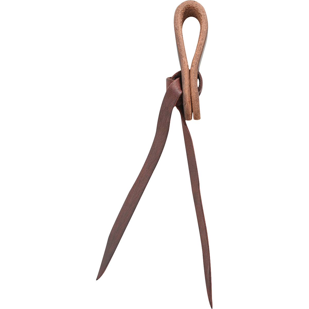 Water loop rein end seen from the side, showing the folded leather loop. A dark tie string knots through the loop and hangs below it.