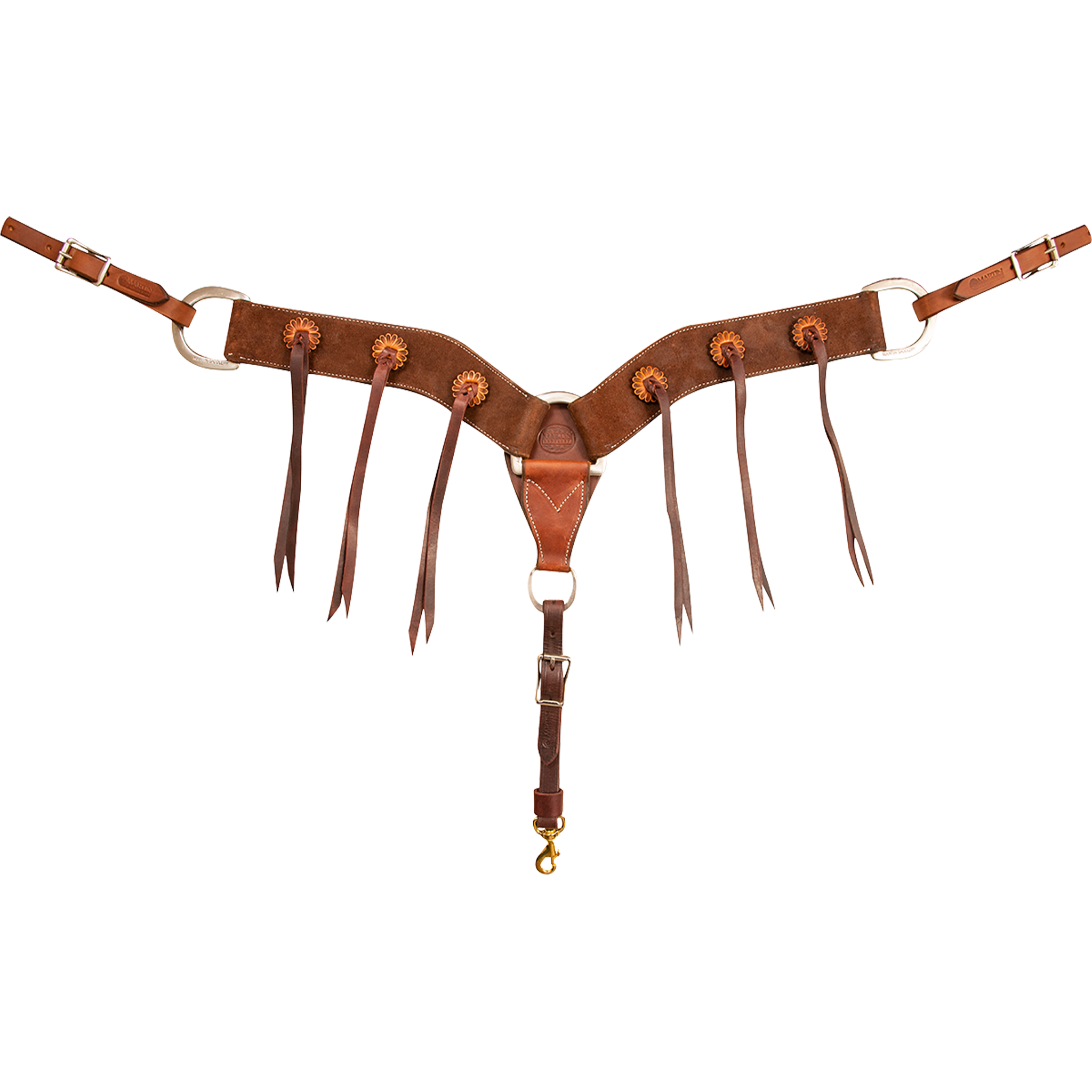 Chocolate roughout breastcollar with rosette blood knots, seen from the front in full. Antiqued rosettes with long strings sit along the 2.75-inch shoulder straps, which meet at a center ring above a tie-down strap with a snap.