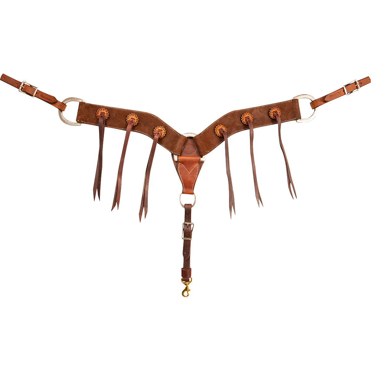 Chocolate roughout breastcollar with rosette blood knots, seen from the front in full. Antiqued rosettes with long strings sit along the 2.75-inch shoulder straps, which meet at a center ring above a tie-down strap with a snap.