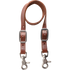 Chocolate skirting leather wither strap for a breastcollar, looped and seen from the front. Each end has a buckle for adjustment and a snap to attach to the breastcollar rings.