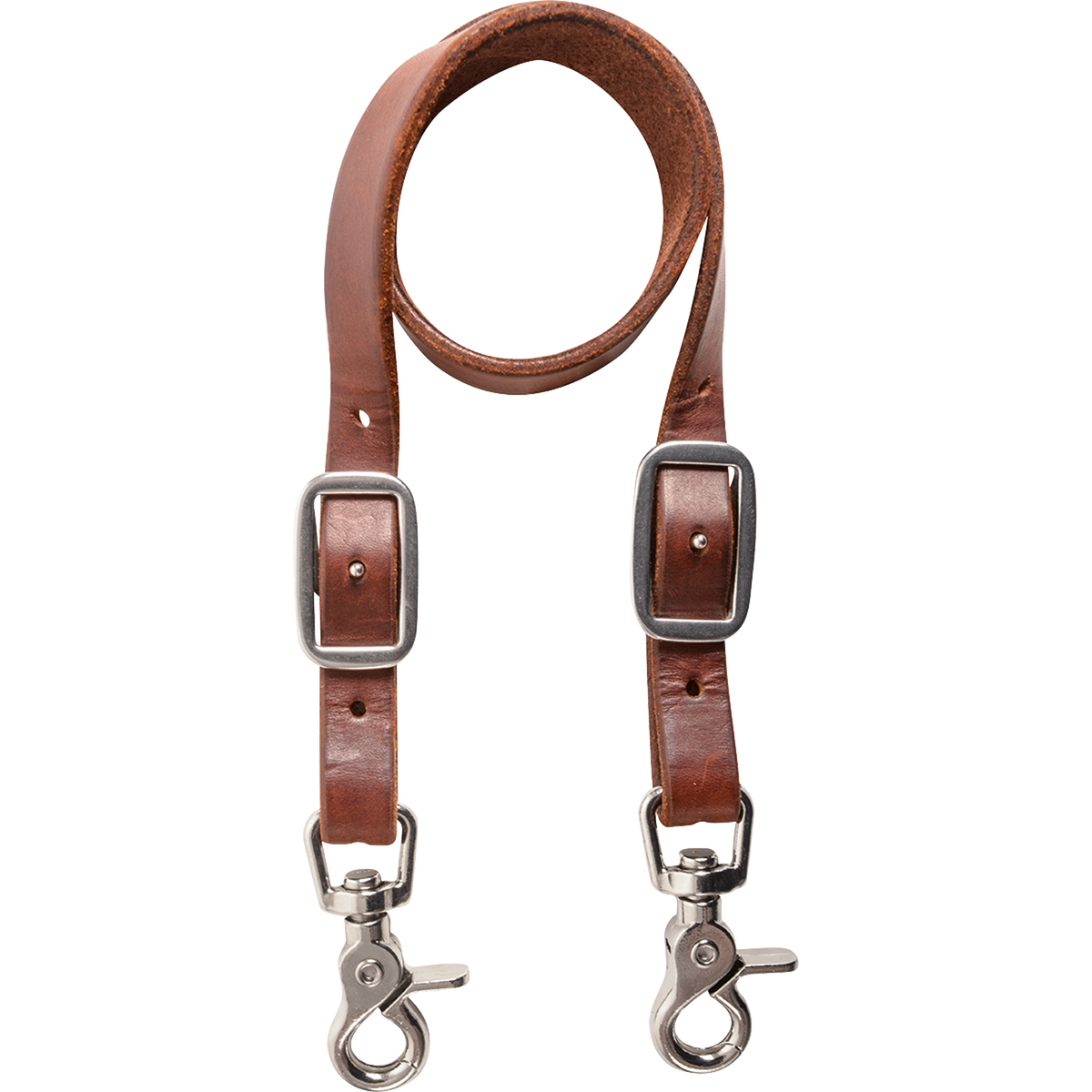 Chocolate skirting leather wither strap for a breastcollar, looped and seen from the front. Each end has a buckle for adjustment and a snap to attach to the breastcollar rings.