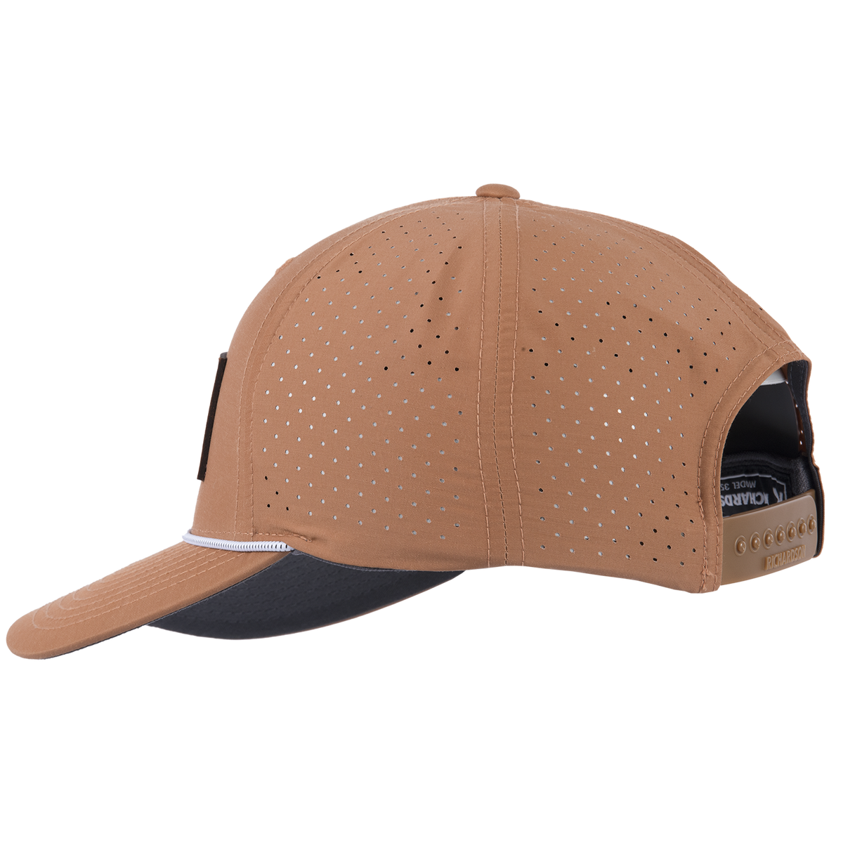 Clay performance hat seen from the side, showing the laser-perforated panels along the crown. A white rope runs along the bill, and a snap closure sits at the back.
