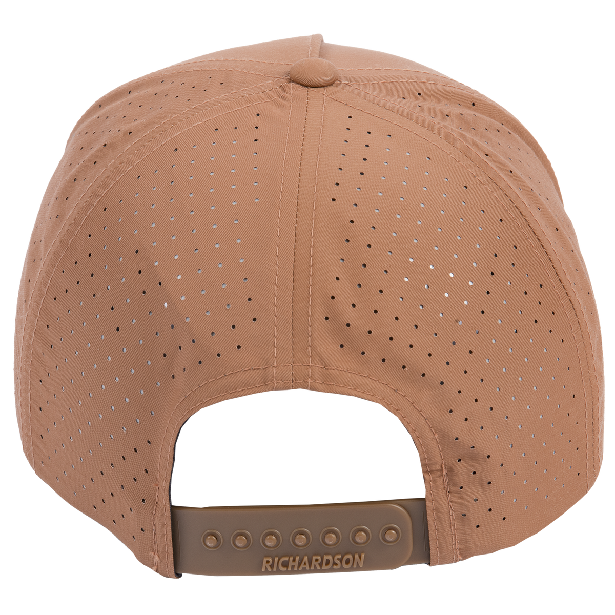Clay snapback cap seen from the back. Laser-perforated panels cover the crown above the adjustable snap closure.