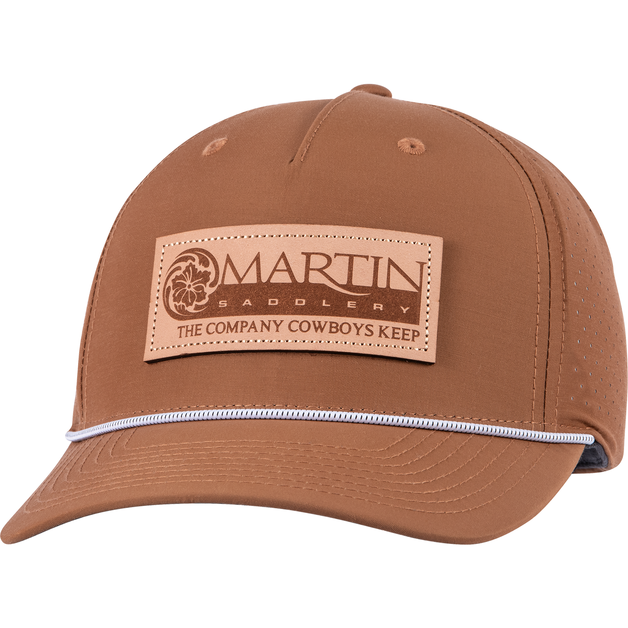 Clay performance cap seen from the front at a slight angle. A leather patch logo reading Martin Saddlery, The Company Cowboys Keep sits on the structured crown, above a white rope across the precurved bill.