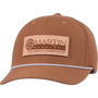 Clay performance cap seen from the front at a slight angle. A leather patch logo reading Martin Saddlery, The Company Cowboys Keep sits on the structured crown, above a white rope across the precurved bill.
