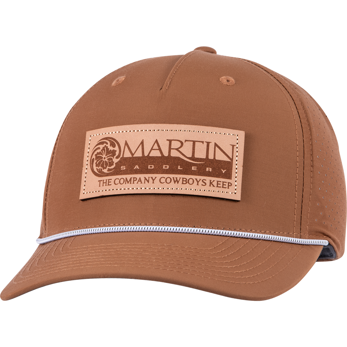 Clay performance cap seen from the front at a slight angle. A leather patch logo reading Martin Saddlery, The Company Cowboys Keep sits on the structured crown, above a white rope across the precurved bill.
