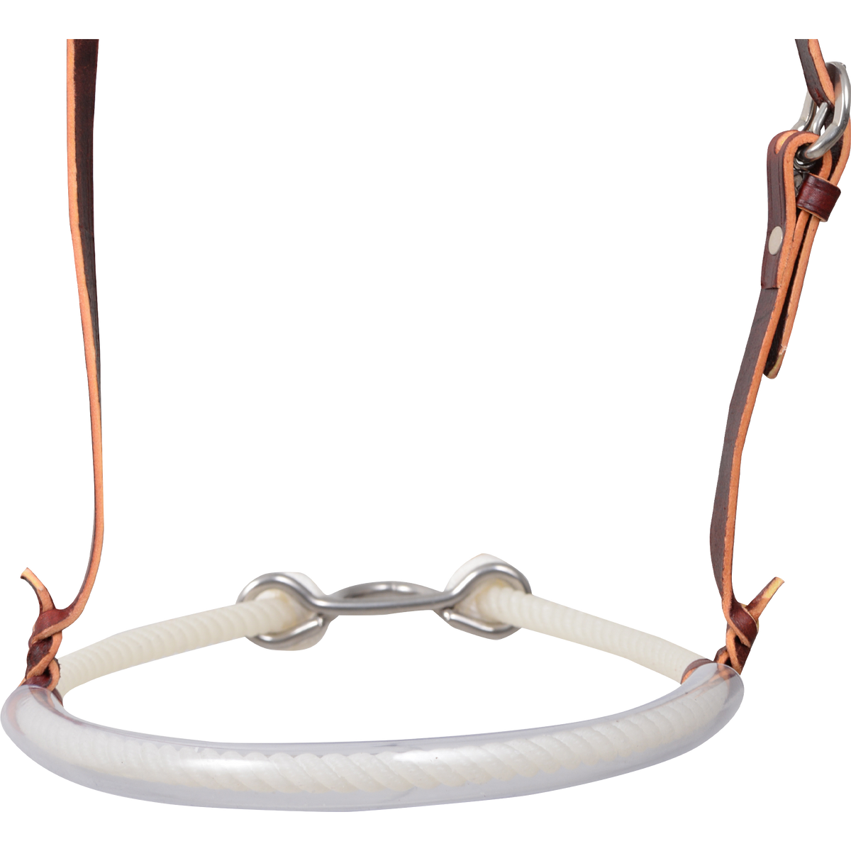 Front of a clear tube single rope noseband, seen up close. The twisted white rope shows through the clear tubing, and a metal connector joins the rope ends behind.