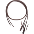 Heavy latigo split reins, coiled and seen from above. The dark 5/8-inch reins are doubled and stitched, with tied water loops at the bit ends.