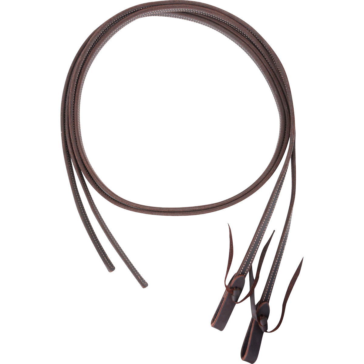 Heavy latigo split reins, coiled and seen from above. The dark 5/8-inch reins are doubled and stitched, with tied water loops at the bit ends.