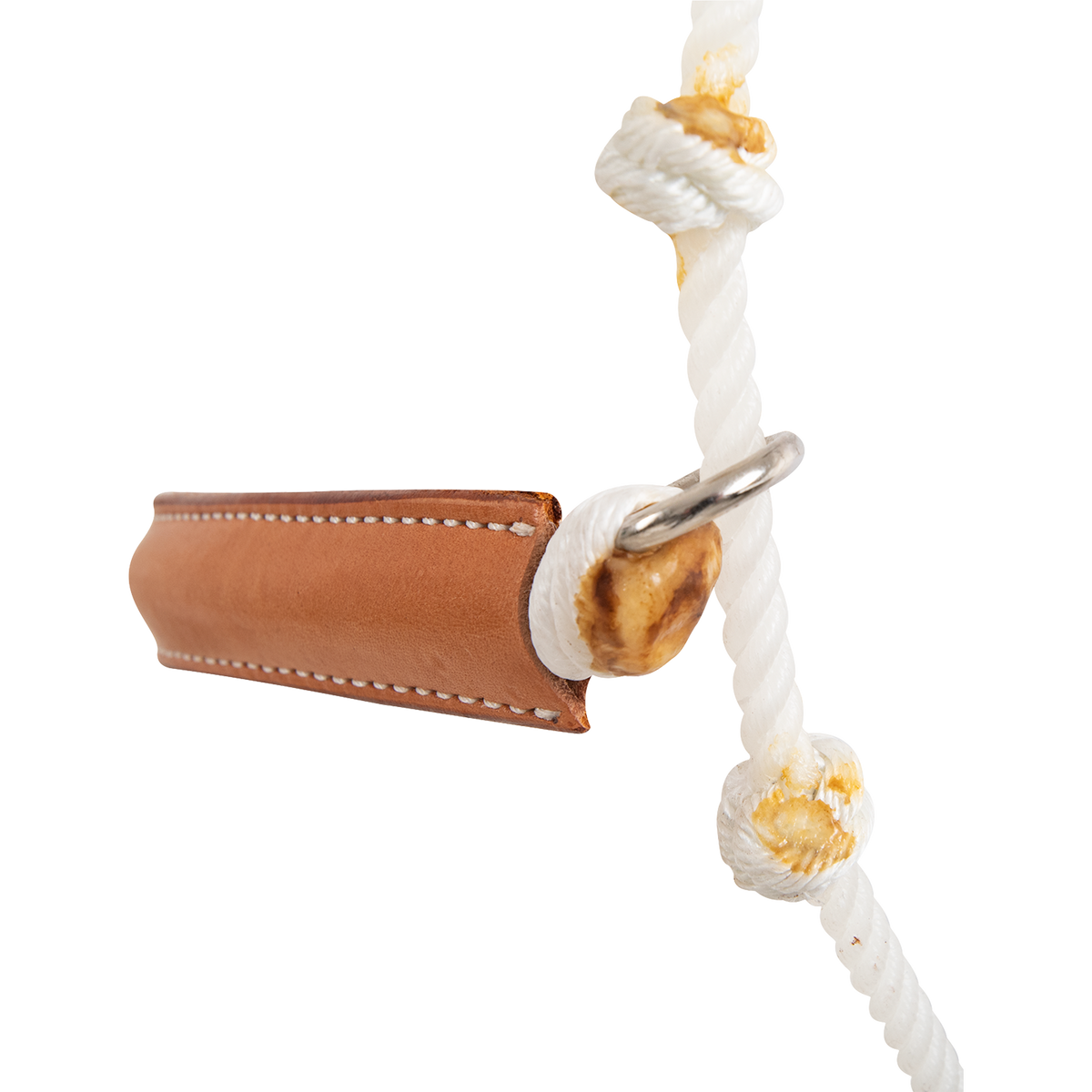 End of the leather nose cover on a double rope headsetter, seen up close. The rope leaves the stitched leather at a metal ring, with knots above and below it.