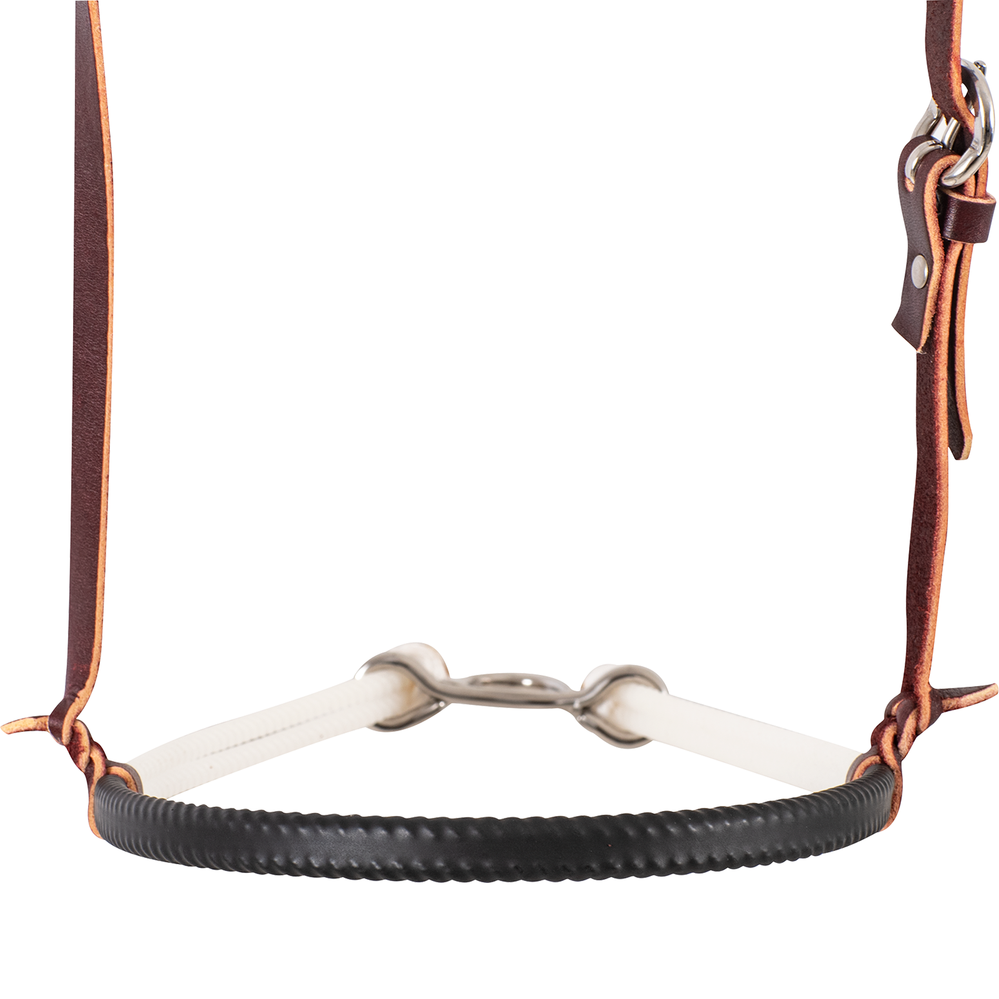 Front of a double rope noseband with a black shrink wrap cover, seen up close. The ribbed black nose piece sits between leather hangers, with white rope and a metal connector behind.