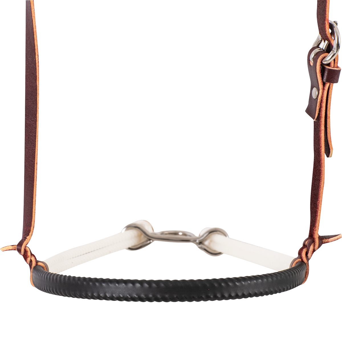 Front of a double rope noseband with a black shrink wrap cover, seen up close. The ribbed black nose piece sits between leather hangers, with white rope and a metal connector behind.