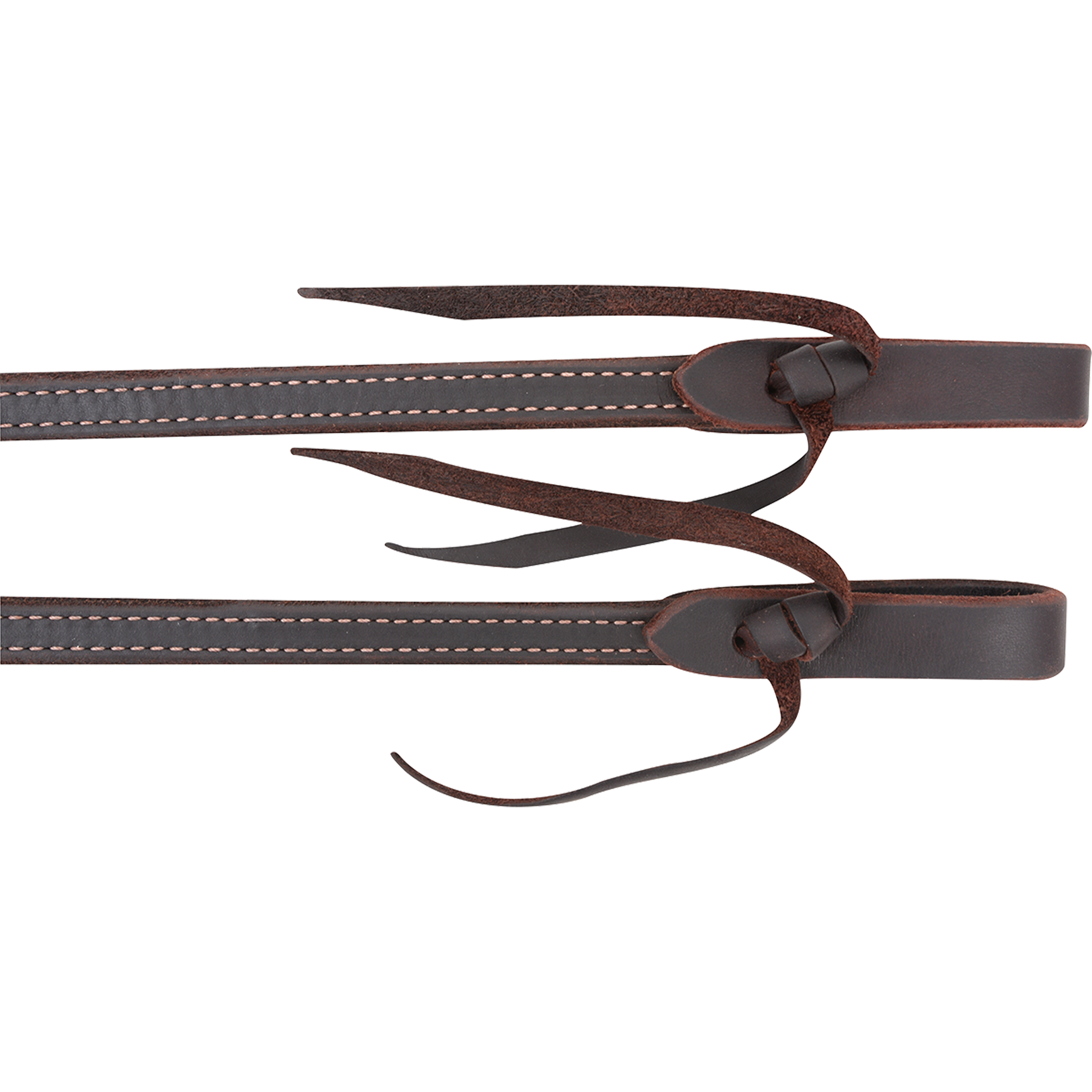 Tied ends of double-stitched heavy latigo split reins, seen up close. White stitching runs down the dark latigo to water loops closed with reddish leather ties.