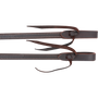 Tied ends of double-stitched heavy latigo split reins, seen up close. White stitching runs down the dark latigo to water loops closed with reddish leather ties.