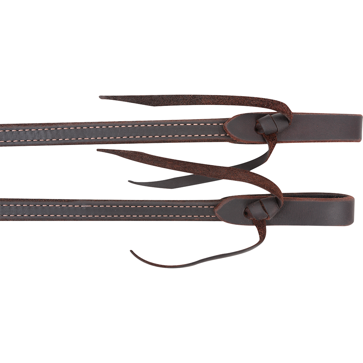 Tied ends of double-stitched heavy latigo split reins, seen up close. White stitching runs down the dark latigo to water loops closed with reddish leather ties.
